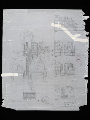 Design for entrance ramp and courtyard, Walmer Yard, 235-239 Walmer Road, London, 2006: axonometric, site plan, elevation and three sections by Peter Salter — artwork